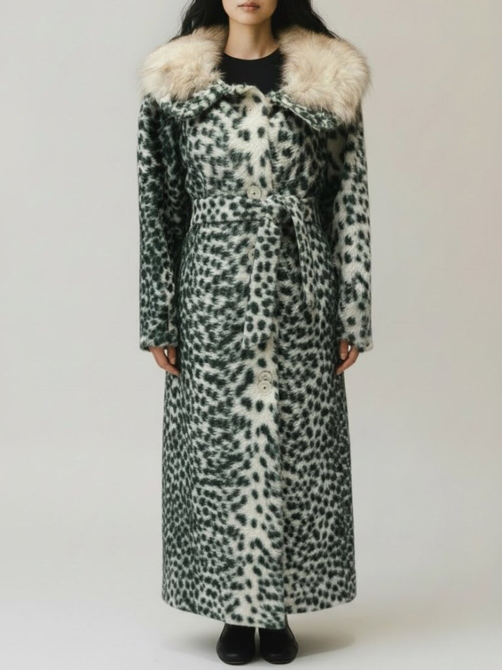 Vintage Leopard Print Faux Fur Maxi Trench Coat Fluffy Collar Belted XL 1X